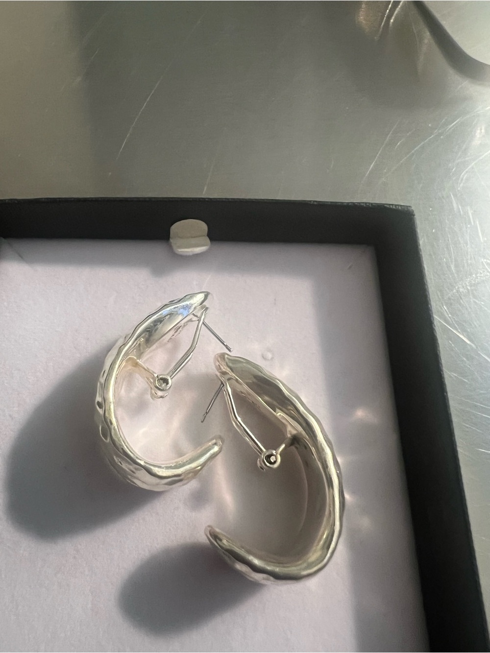 Hammered Sterling Silver 3/4 Hoop Earrings with Posts - Picture 2 of 5